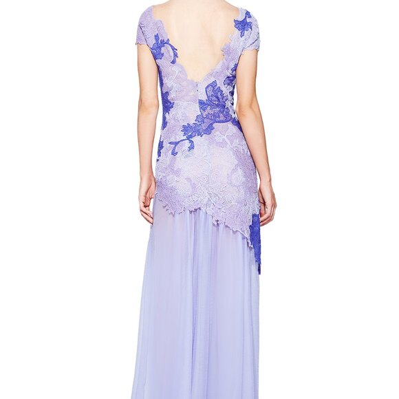 Lace Chiffon Cap Sleeve V-Neck Evening Gown Dress - Picture 2 of 7